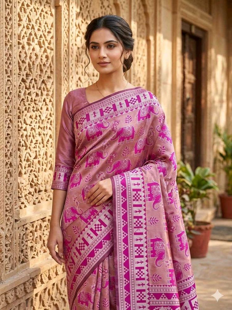 Elegant Pink Elephant Print Saree