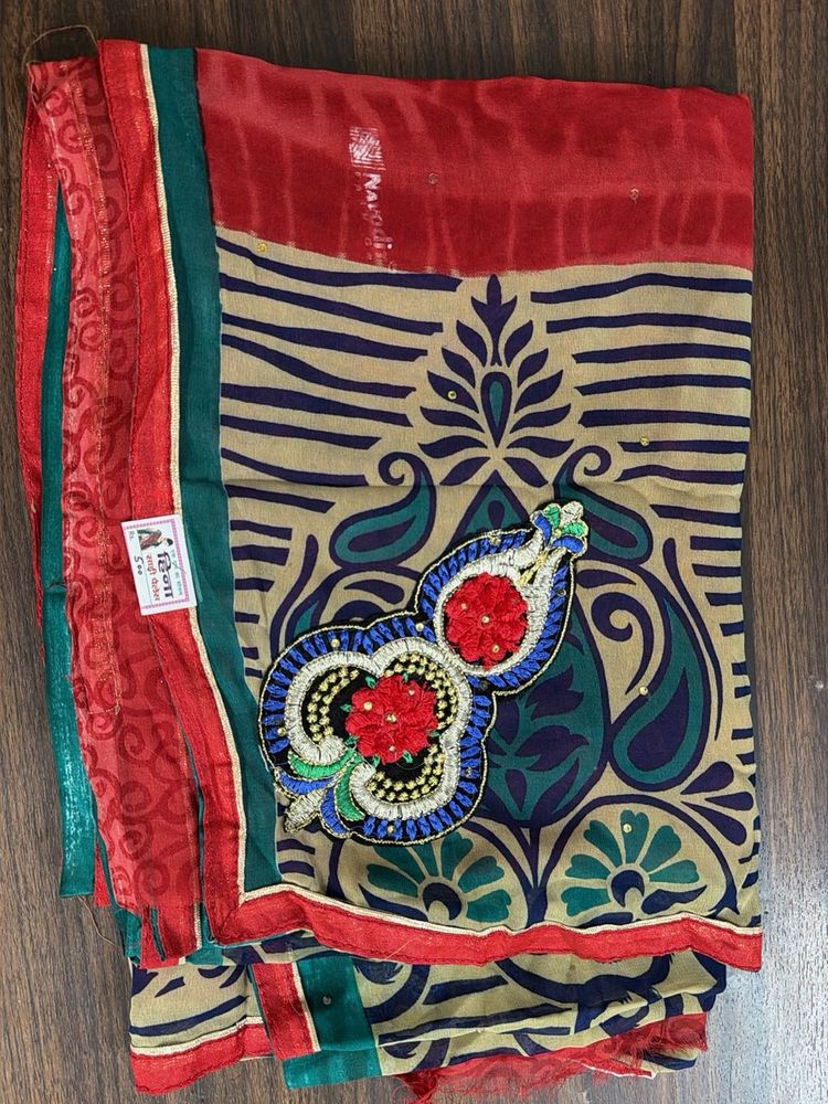 Beige &amp; Red Printed Saree with Embellishment