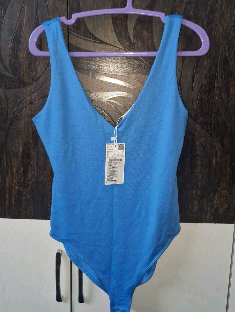 MANGO V-Neck Blue Bodysuit