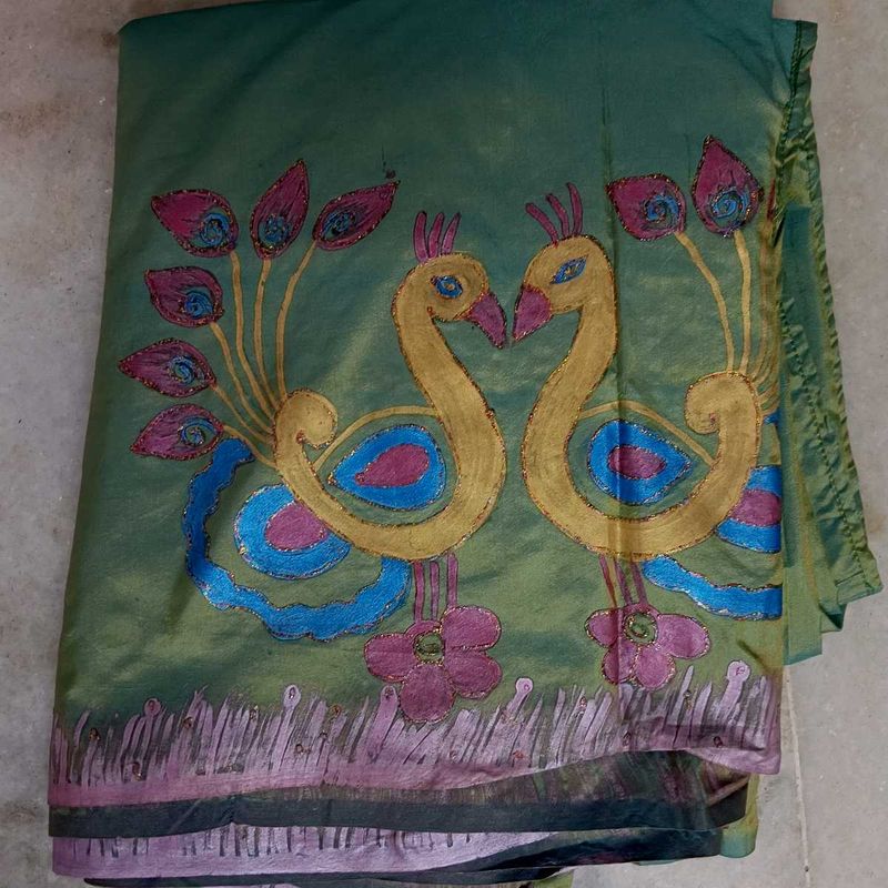 Olive Green Silk Saree with Peacock Motif