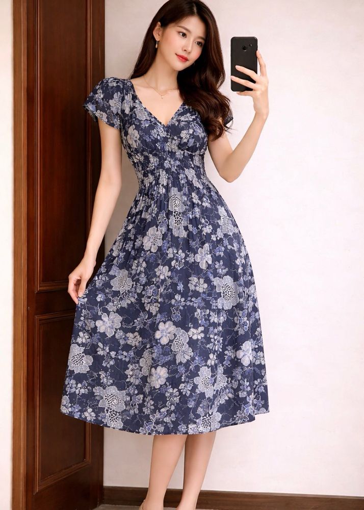 Floral Blue V-Neck Midi Dress
