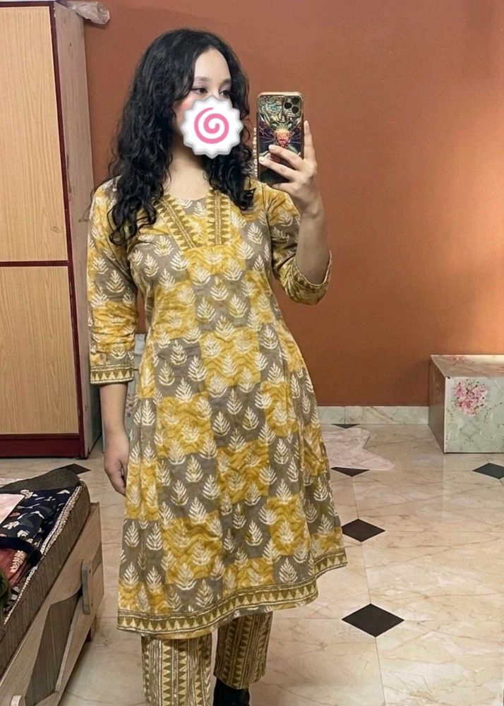 Mustard Yellow &amp; Grey Block-Printed Kurti Set