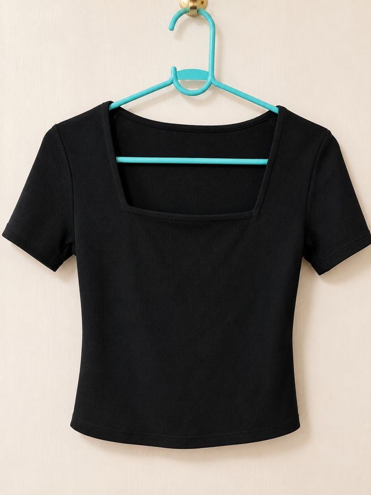 Ribbed Black Square Neck Top