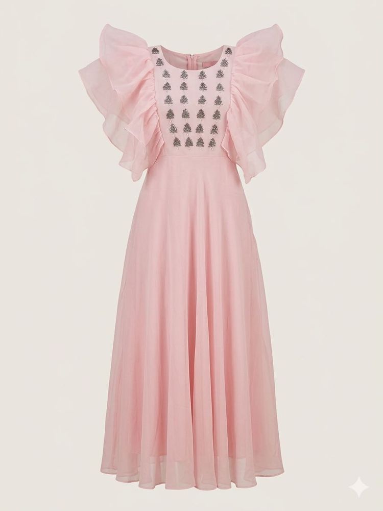 Pink Embellished Ruffle Sleeve Gown