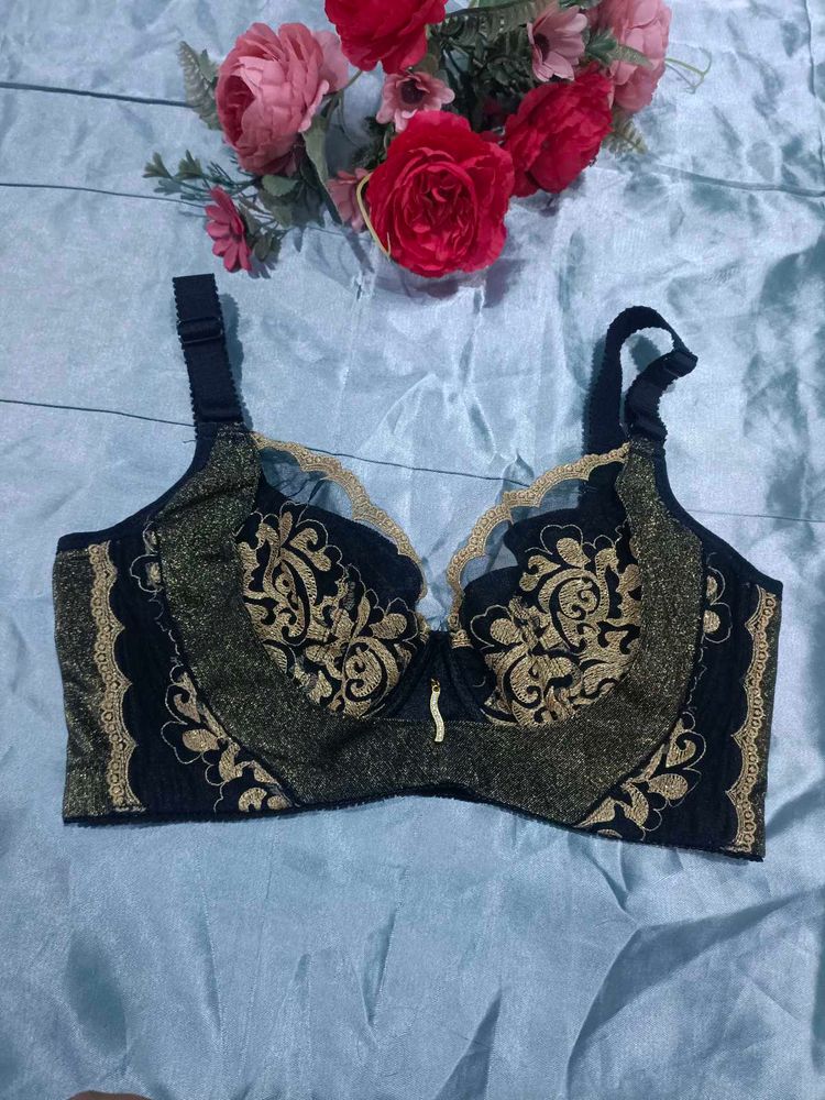 Elegant Black &amp; Gold Embroidered Bra