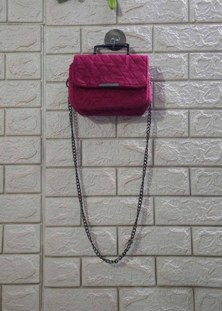 Fuchsia-Pink Quilted Velvet Crossbody Bag