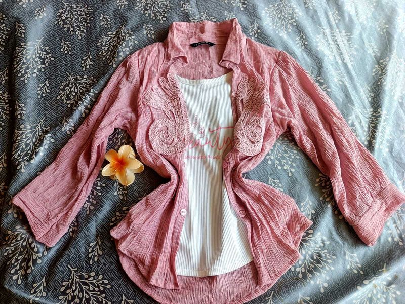 Chic Pink Crinkle Top &amp; White Tee Set