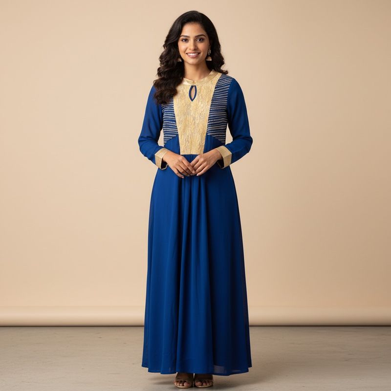 Blue &amp; Gold Detail Occasion Dress