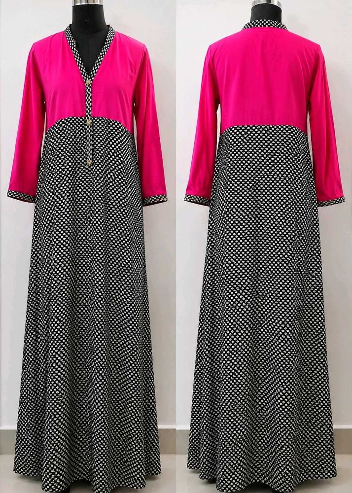 Pink Black Printed Long Kurta 3/4 Sleeve