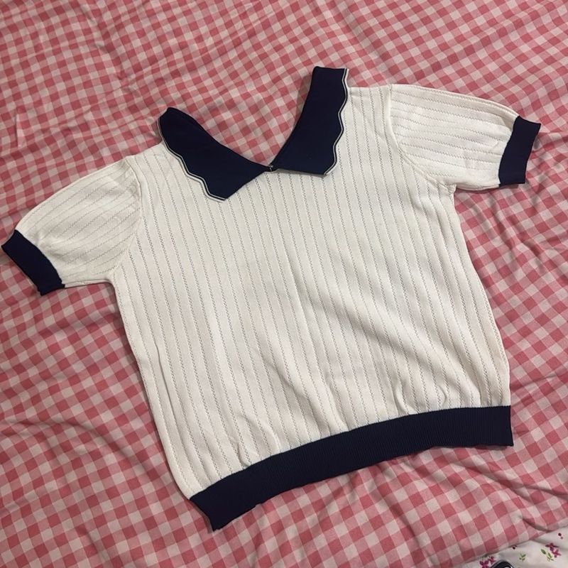 White &amp; Navy Knit Top