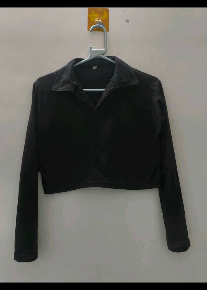 Black Cropped Collared Top
