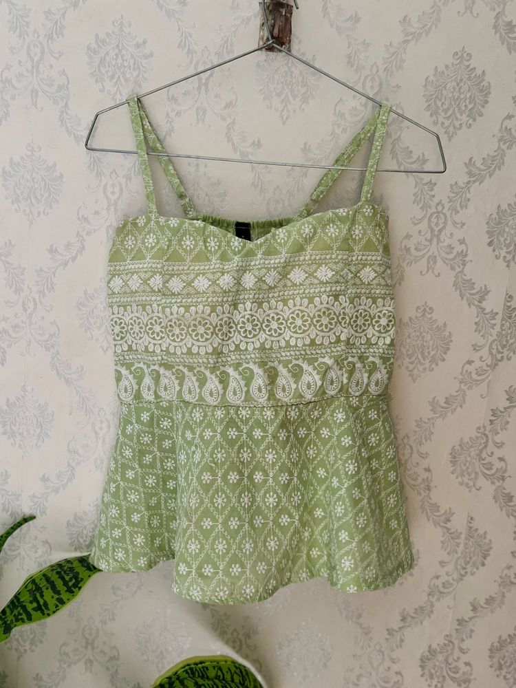 Embroidered Green Peplum Top
