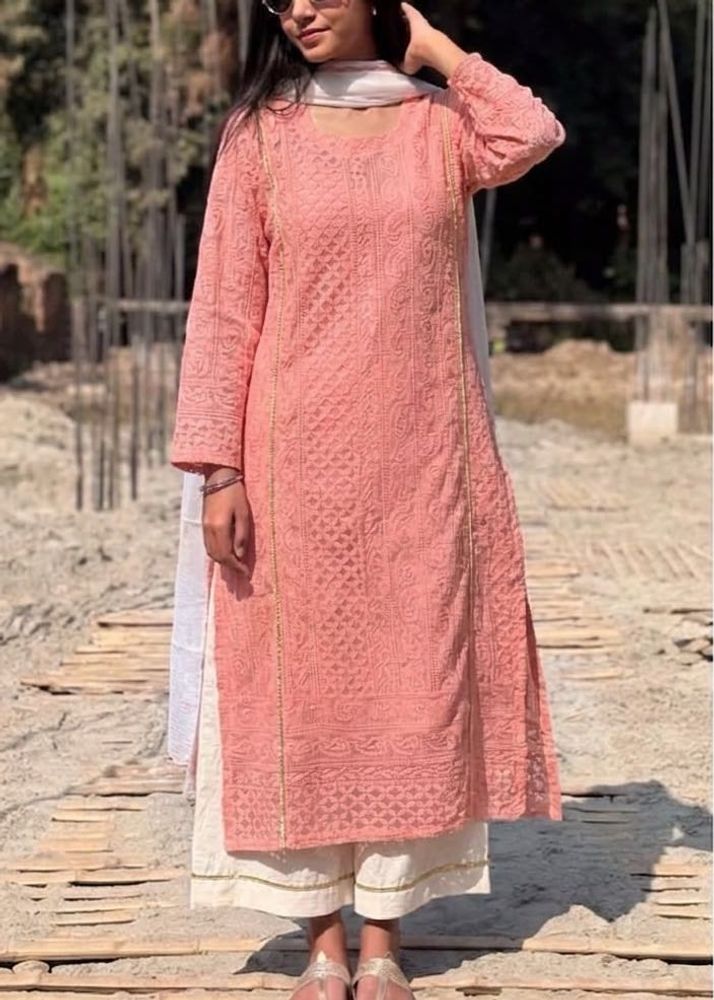 Peach Chikankari Kurta Set