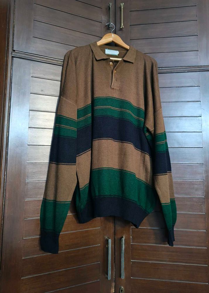 Ambassador Men Brown Striped Knit Sweater