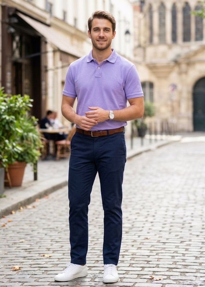 Men's Lavender Polo Shirt &amp; Navy Trousers Outfit