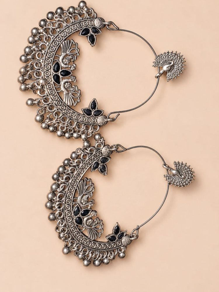 Oxidised Silver Earrings with Peacock Design