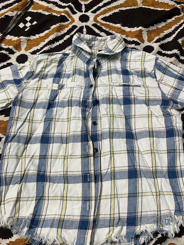 Blue Plaid Frayed Button-Up Shirt