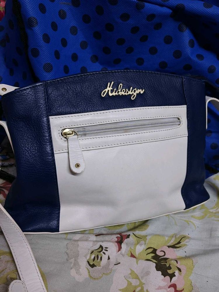 Hidesign Navy &amp; White Leather Crossbody Bag