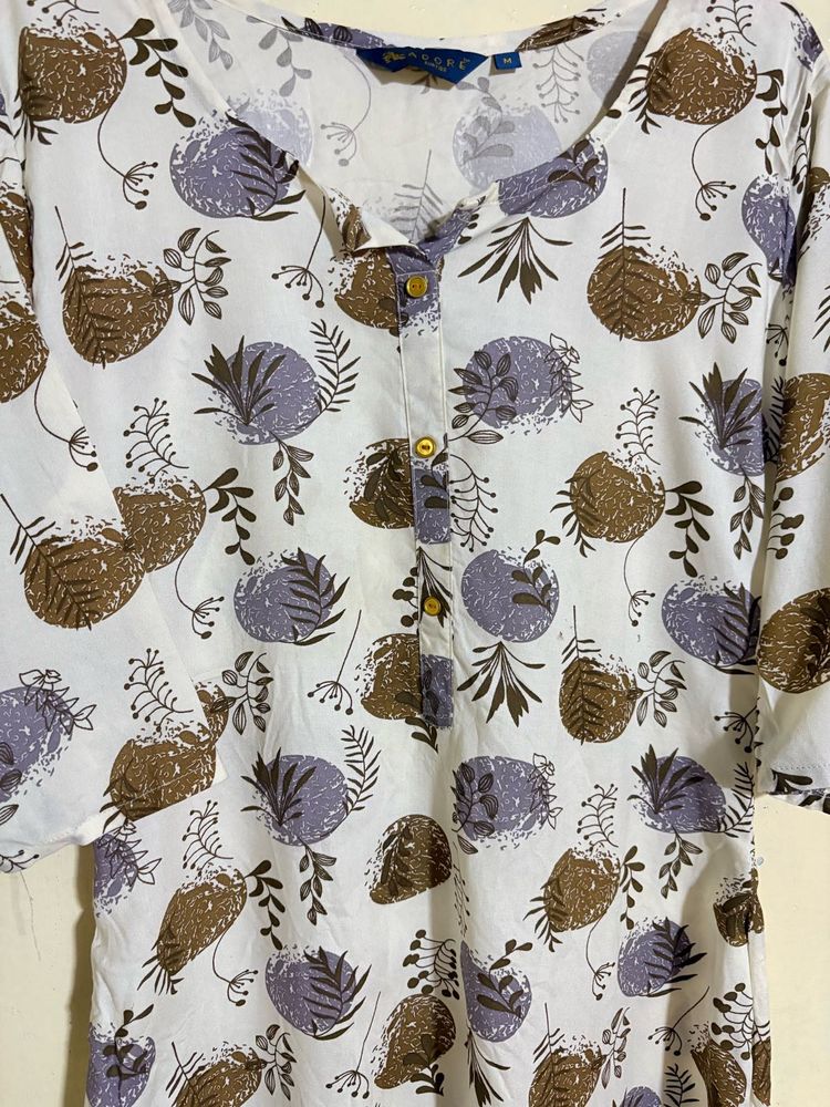 White Kurta with Botanical Print