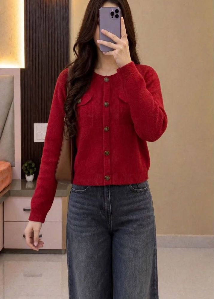 Chic Red Button-Up Cardigan