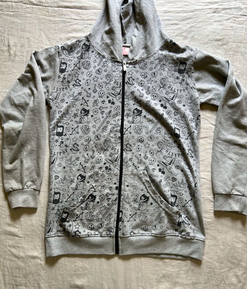 Grey Graphic Zip-Up Hoodie