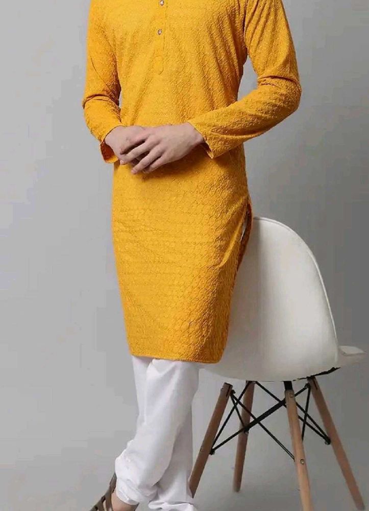 Men's Yellow Embroidered Kurta