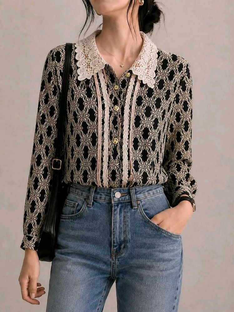Vintage Lace Trimmed Patterned Blouse