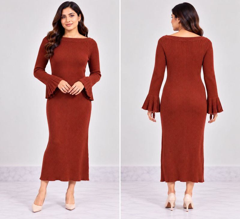 Elegant Ribbed Flare Sleeve Midi Dress
