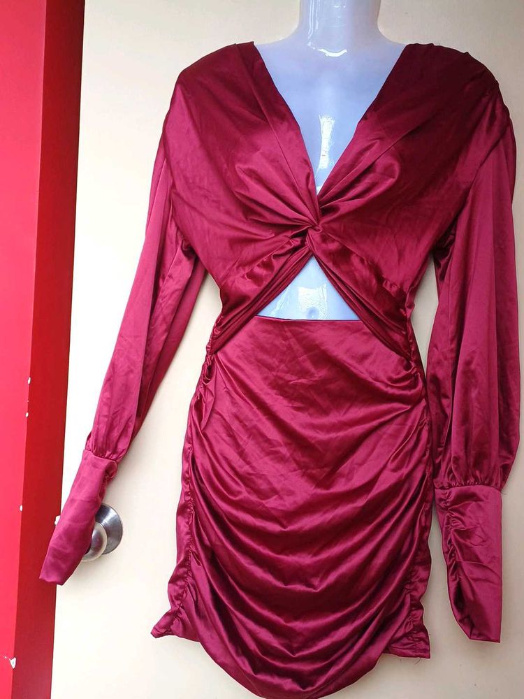 Maroon Satin Twist Front Cutout Dress