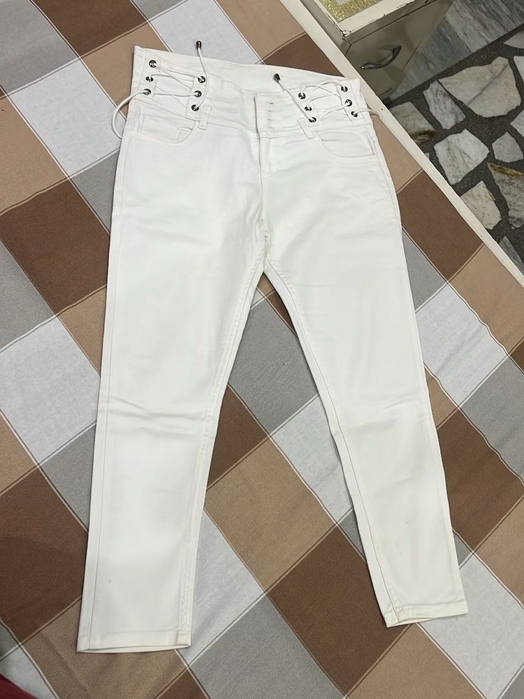 Lace-up Waist White Jeans