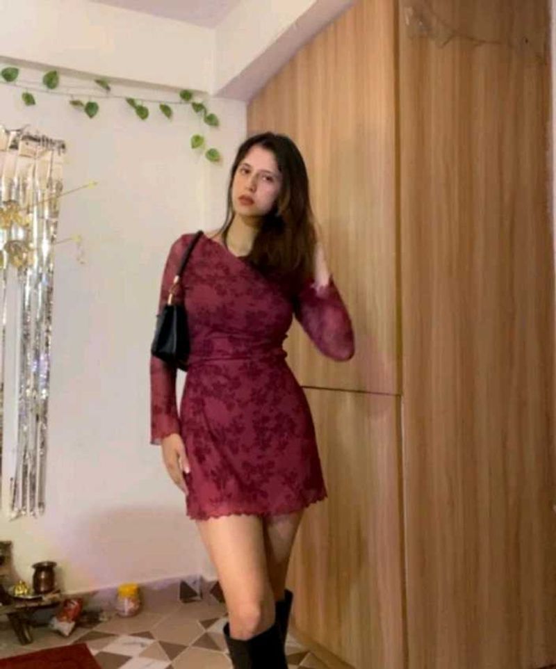 Burgundy Floral Mesh Mini Dress savana