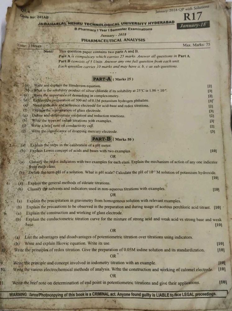 Pharmaceutical Analysis Exam Paper JNTU