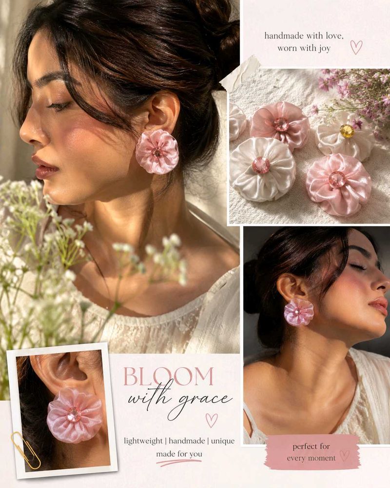 Charming Fabric Flower Stud Earrings set of 2 pair