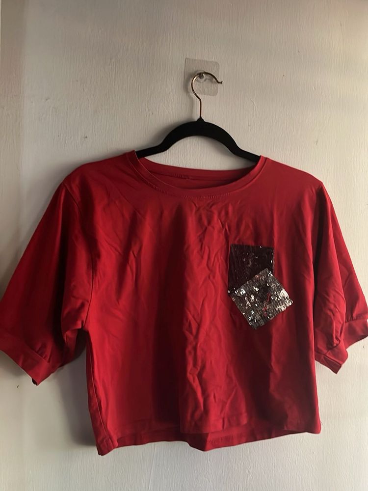 Red Cropped T-Shirt with Sequins