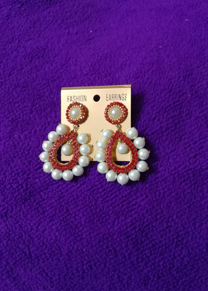 Brand New Red Stones With White Pearl Studded Earr