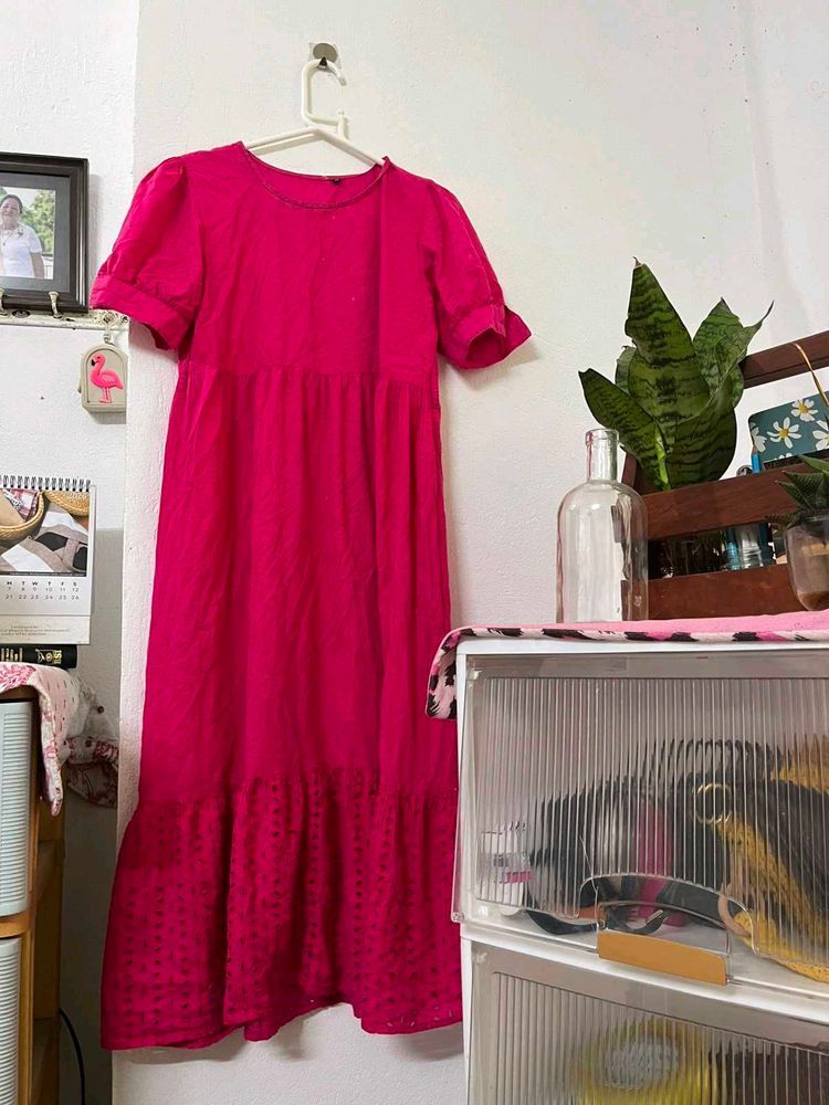 Vibrant Pink Tiered Midi Dress