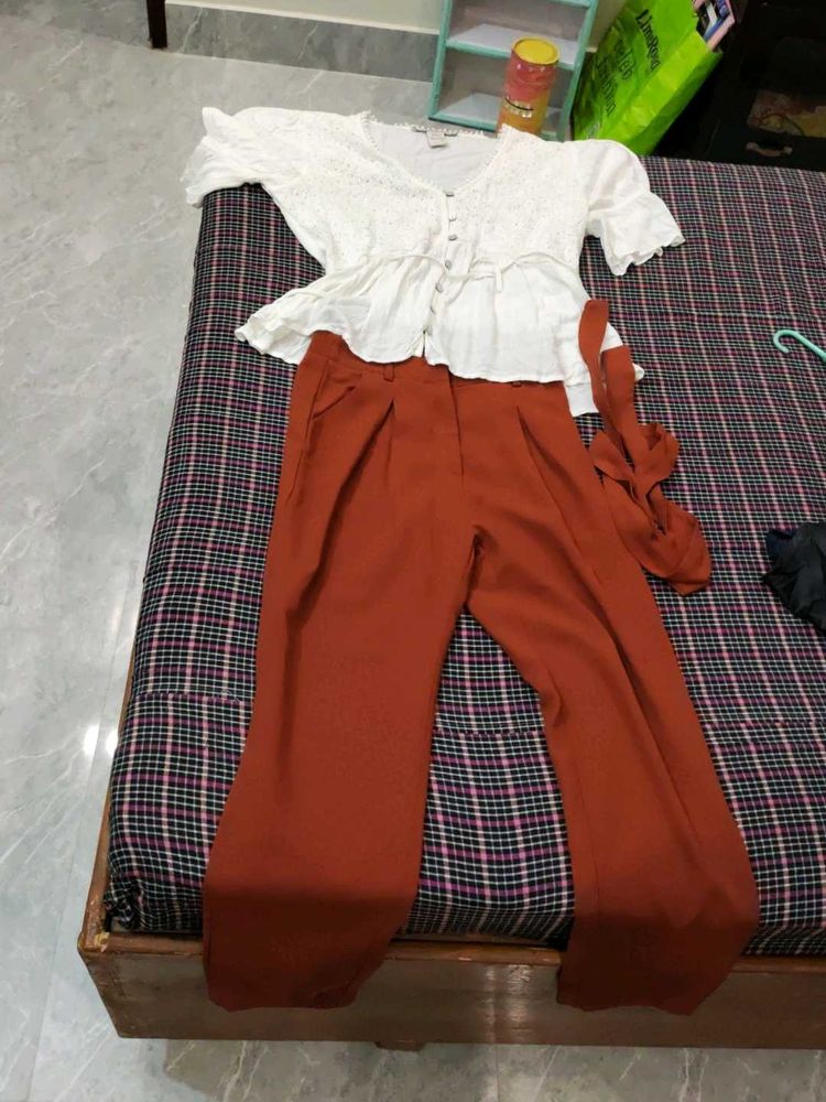Chic White Top &amp; Rust Pants Set