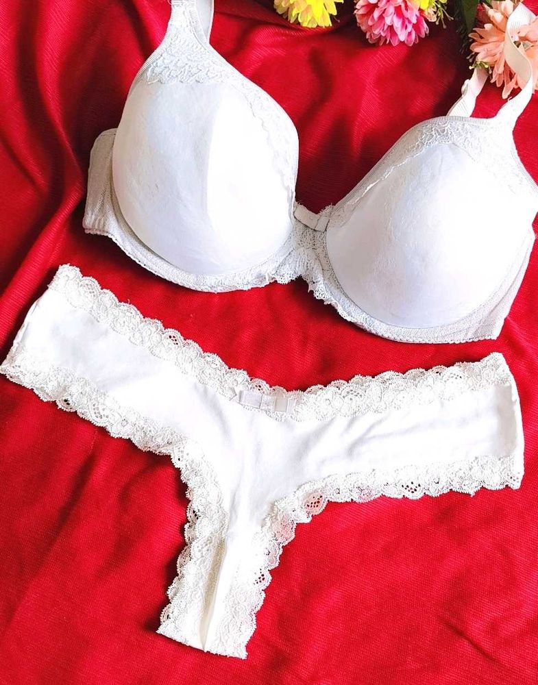 White Lace Trim Bra &amp; Thong Set