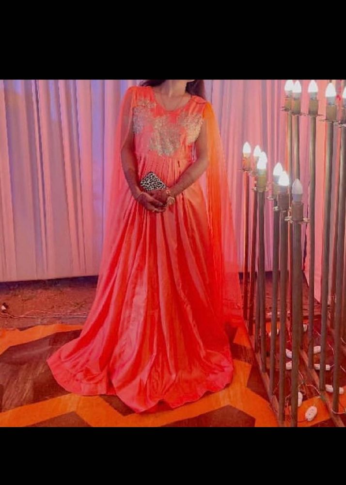Elegant Coral Gown with Capelet