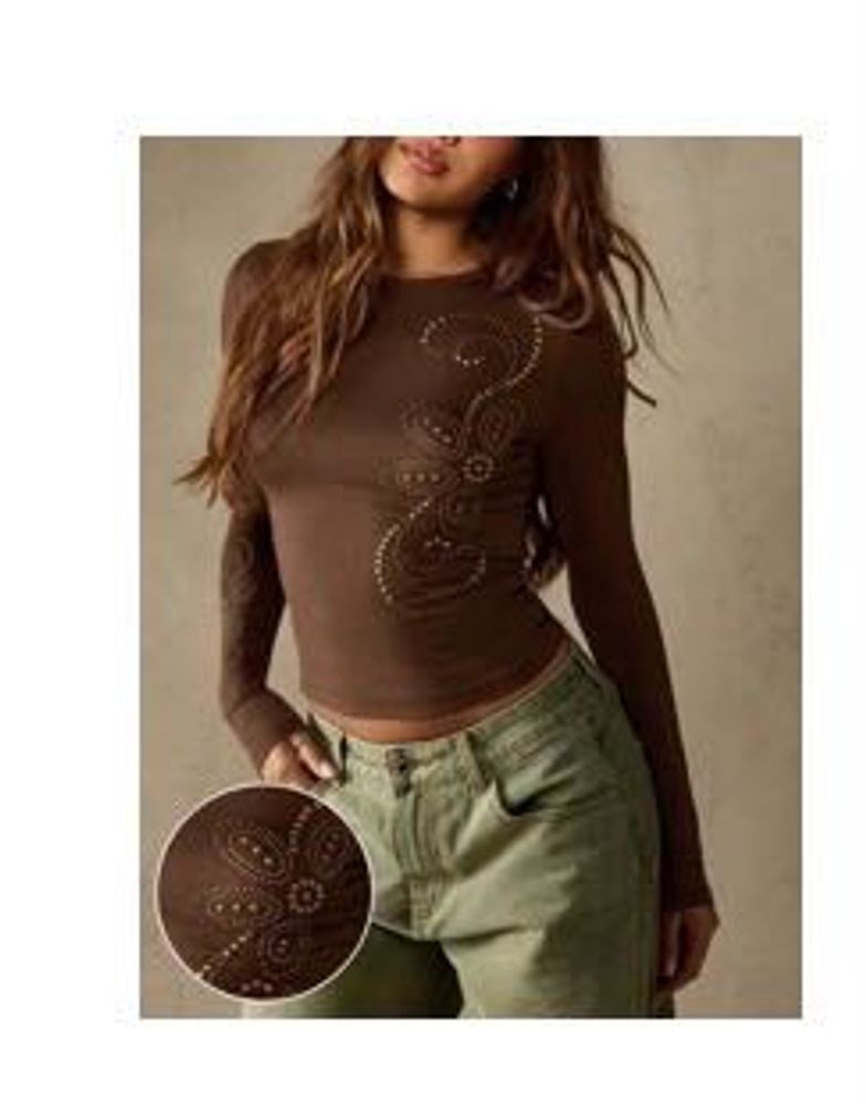 Brown Long Sleeve Top with Embellishments