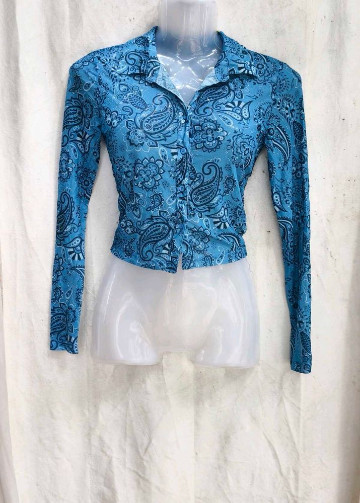 22279. Blue Paisley Print Button-Up Top