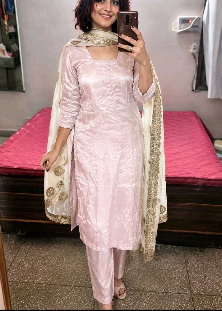 baby pink satin kurta set