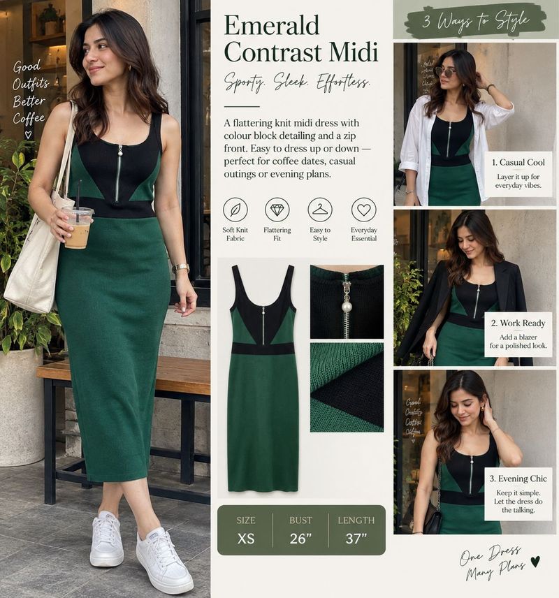 Emerald Green &amp; Black Contrast Midi Dress