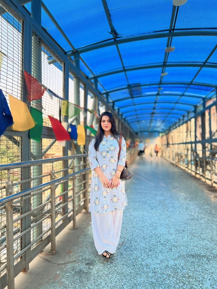 Light Blue Floral Kurta with White Palazzo