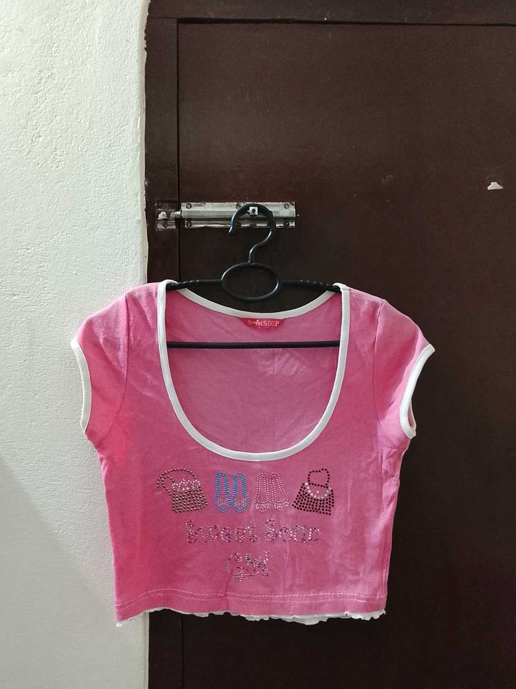 Pink Cropped Tee with Sparkly Accents