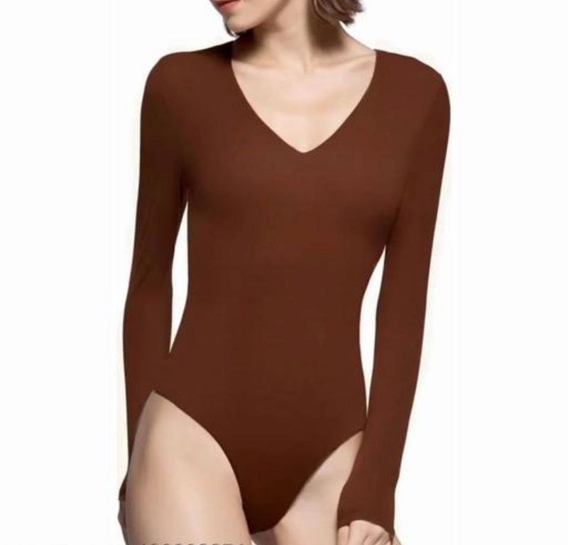 Brown V-Neck Long Sleeve Bodysuit