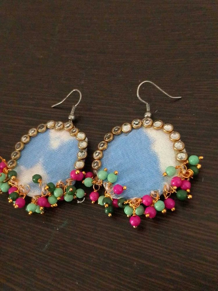 Boho Beaded Hoop Fabric  Earrings