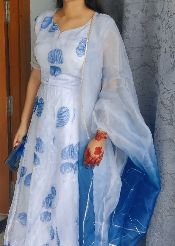 Elegant White &amp; Blue Floral Gown
