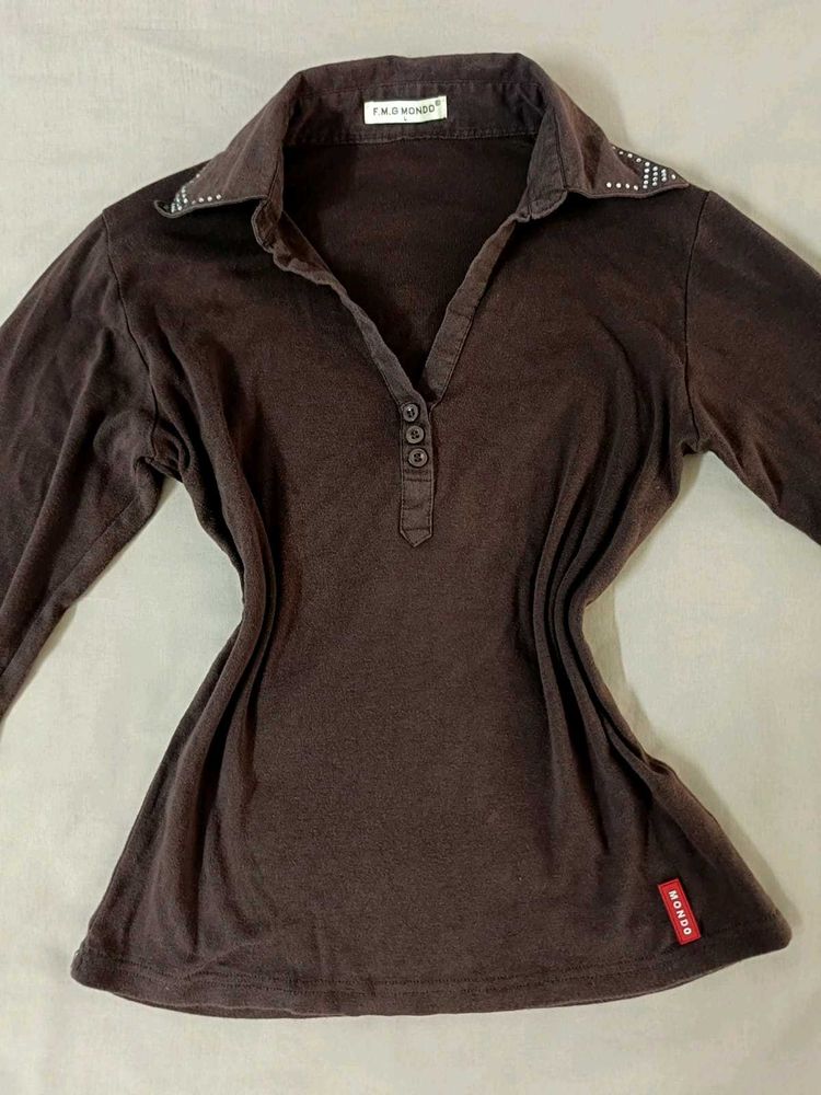 Brown Collared Long Sleeve Top