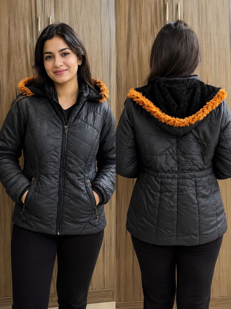 Stylish Black Puffer Jacket with Fur Hood